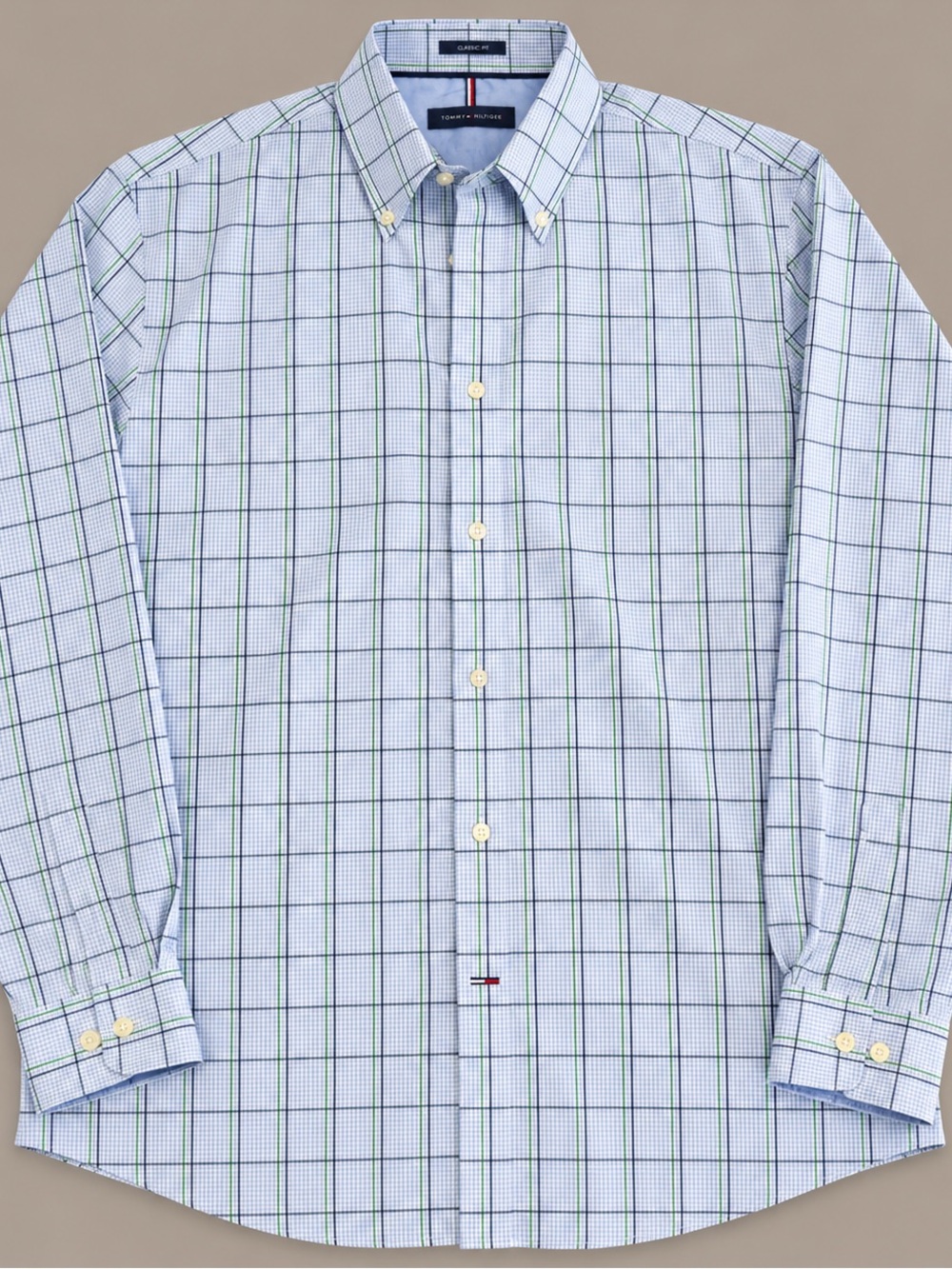 Tommy Hilfiger Light Blue Shirt with Green & Navy Windowpane 100% cotton